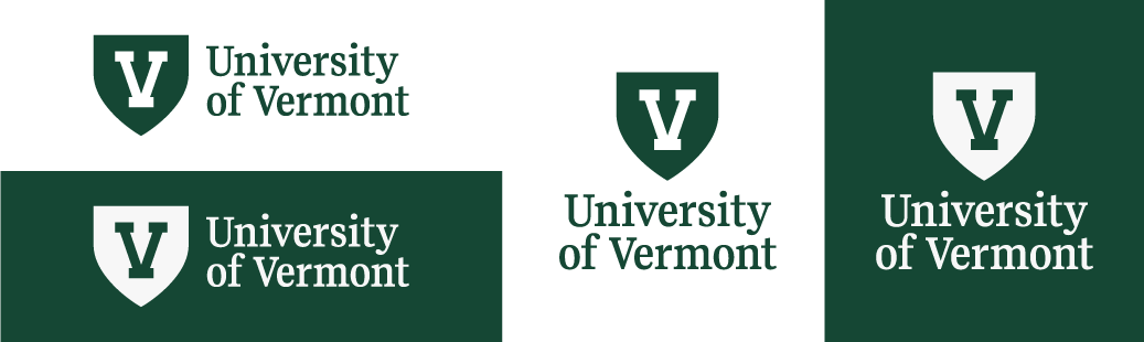 composite University of Vermont logos in horizontal and vertical format both in a dark format with A white letter V outlined by a dark green shield and the text University of Vermont and a white format University of Vermont logo: A dark green letter V outlined by a white shield and the text University of Vermont