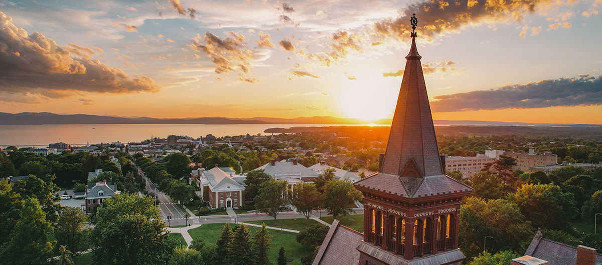 Aerial view of the university campus at sunset.