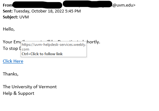 'UVM' phishing scam