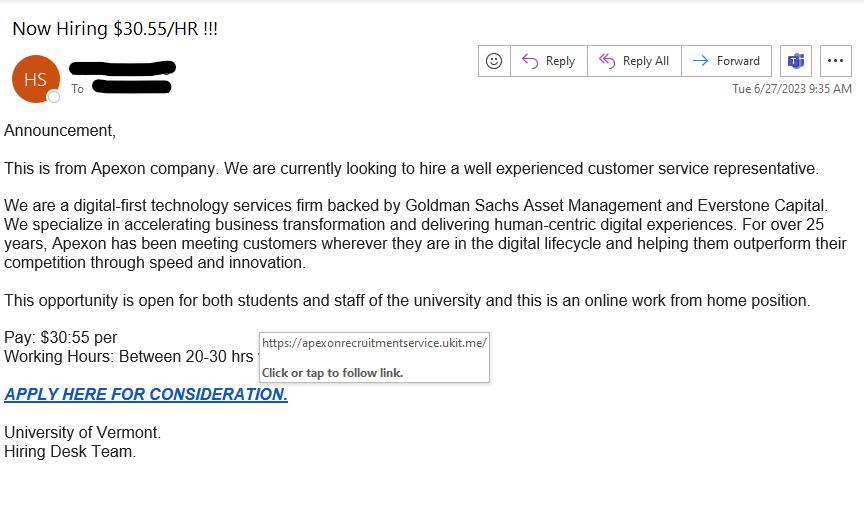 'now hiring' phish sample