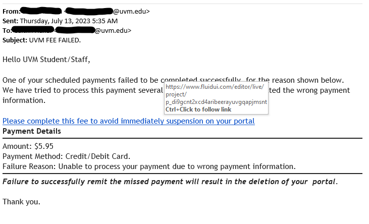 'uvm fee failed' phish