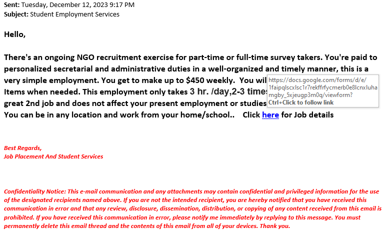 'student employment services' phish sample