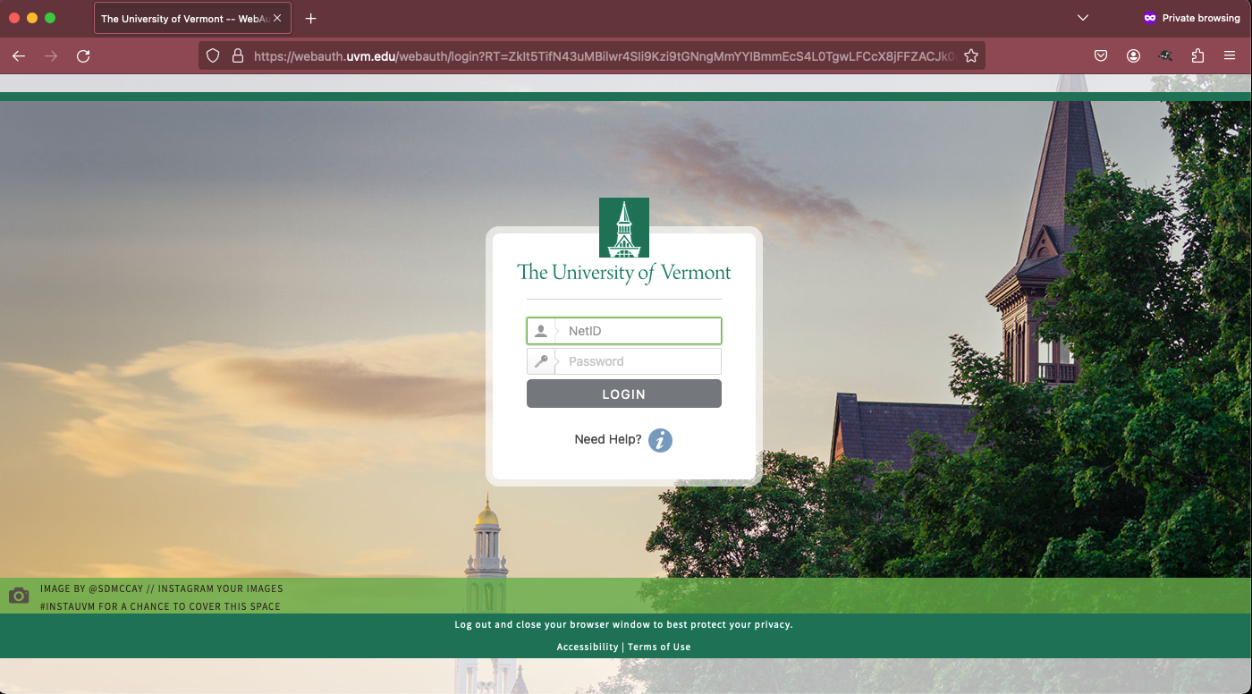 current webauth screen showing the towers of Old Mill and Ira Allen Chapel against an evening sky