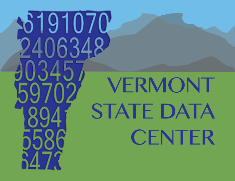 Vermont State Data Center logo outline of state and mountain landscape in background