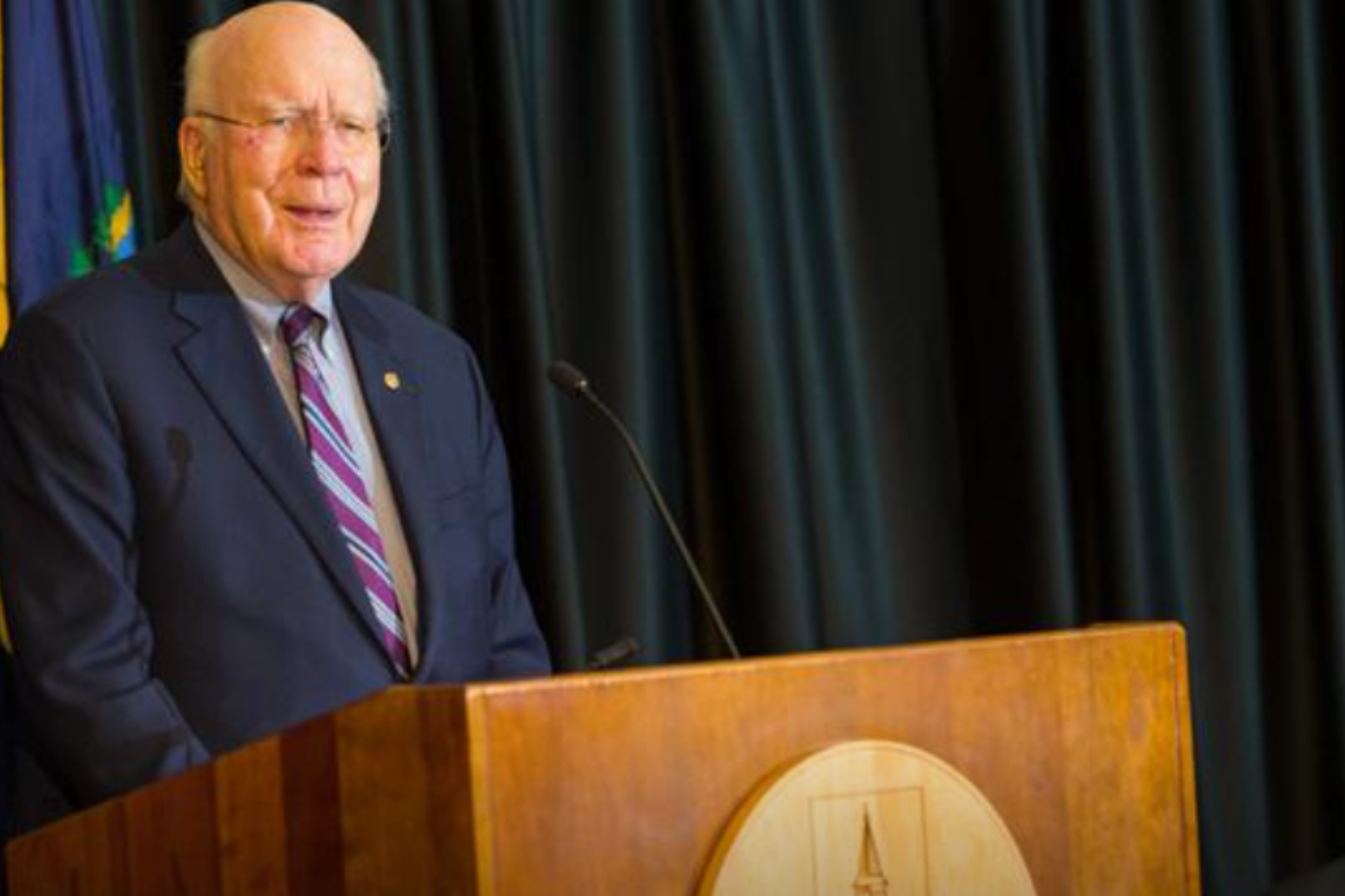 Senator Patrick Leahy talking at a press conference.