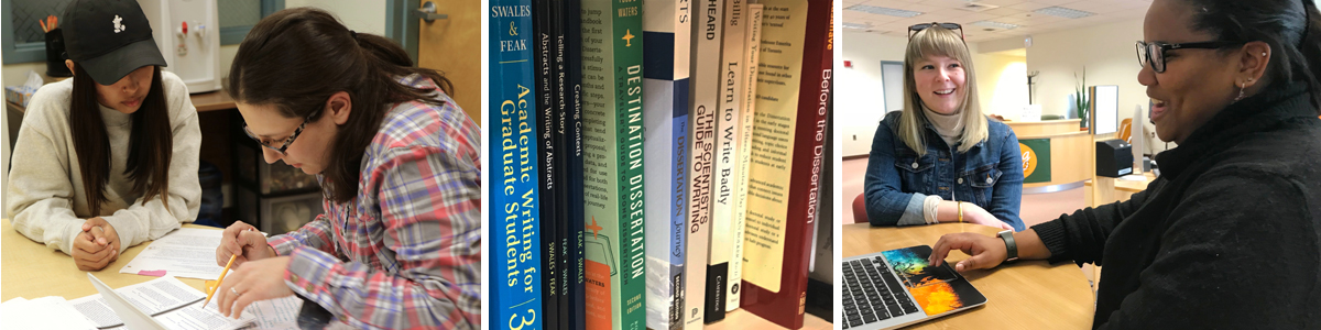 Three images as a banner: a consultant wearing a baseball cap sits at a table with a student in a plaid shirt who is showing her text on a document, a set of writing-related books in a bookshelf, a consultant smiles at a table as a student shows a laptop