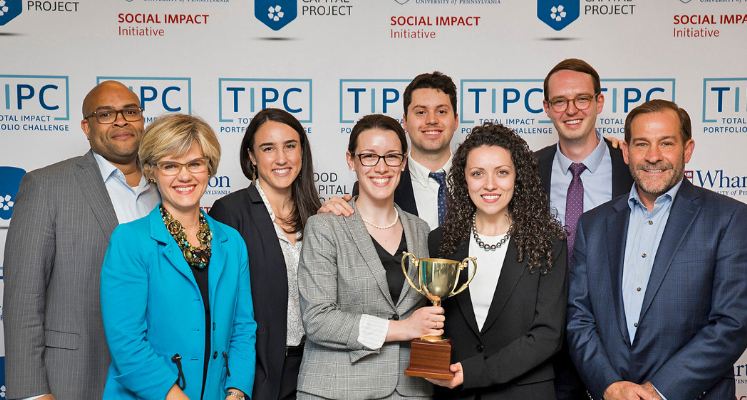 Winning SI-MBA students Emily Klein, Alyssa Stankiewicz, Andrew Mallory, Maura Kalil, and Peter Seltzer alongside competition judges Michel Lear of Bernstein Private Wealth Management, Jackie VanderBrug of Bank of America, and Glen Macdonald of Bronfman Rothschild. Photo by Chris Kendig