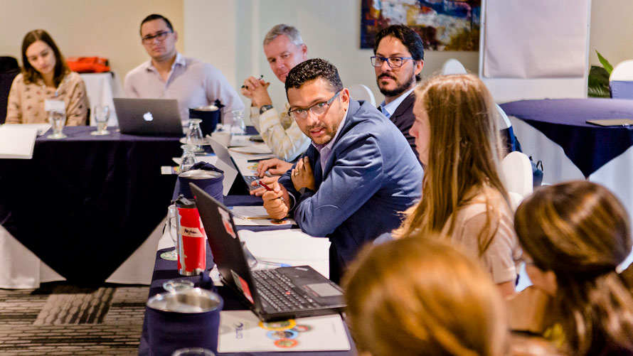 Gund researchers at a meeting with decision makers in Costa Rica. 