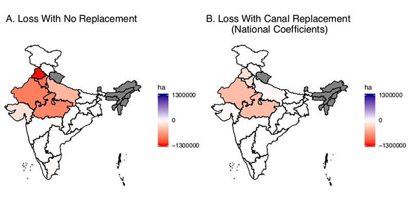 Maps showing state-by-state Indian winter cropped area loss estimates due to groundwater depletion in coming decades, with and without replacement by canals.