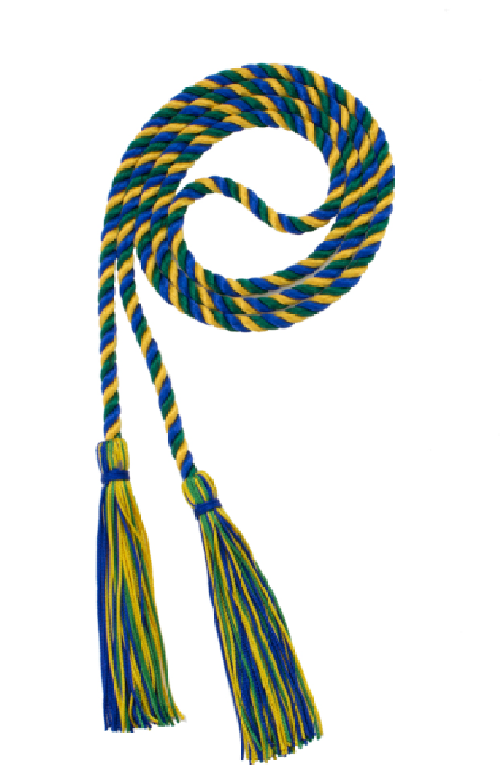honors cord with green, blue and yellow yarns