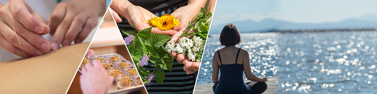 Collage of four photos showing hands holding flowers and herbs, acupuncture needles, nutritious food and a person meditating outdoors near a lake