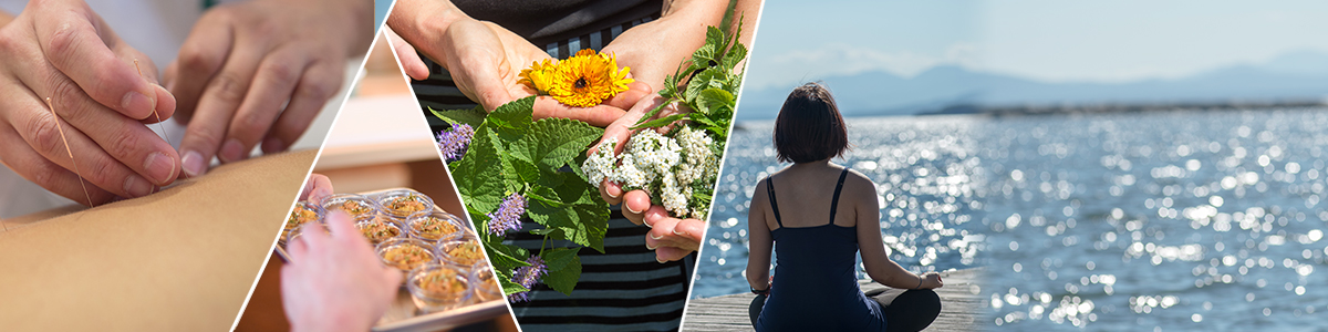 Collage of four photos showing hands holding flowers and herbs, acupuncture needles, nutritious food and a person meditating outdoors near a lake