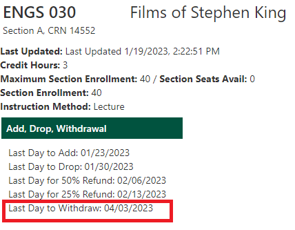 example showing withdrawal dates for a particular course