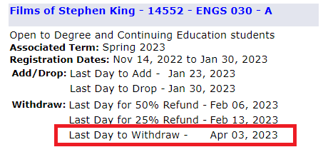 example showing withdrawal dates for a particular course
