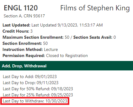 example showing withdrawal dates for a particular course
