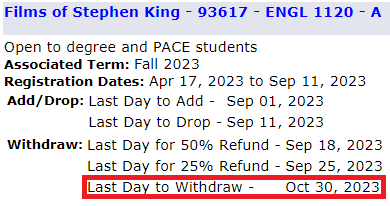 example showing withdrawal dates for a particular course