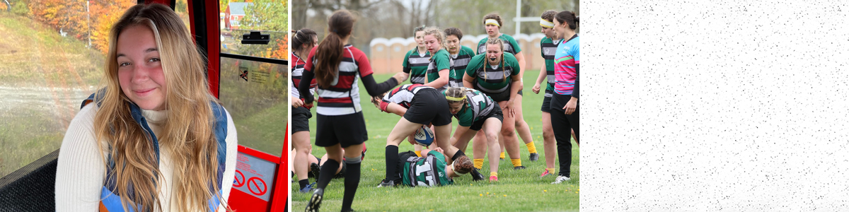 On the left: Eleanor Jaffe sitting in a gondola smiling, on the right: Eleanor Jaffe in action playing rugby 