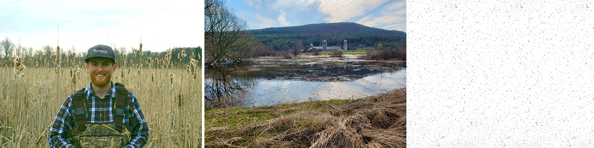 On the left: Sam Buswell standing in a wetland, on the right: a large red barn on the edge of a river