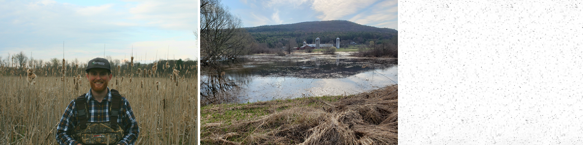 On the left: Sam Buswell standing in a wetland, on the right: a large red barn on the edge of a river
