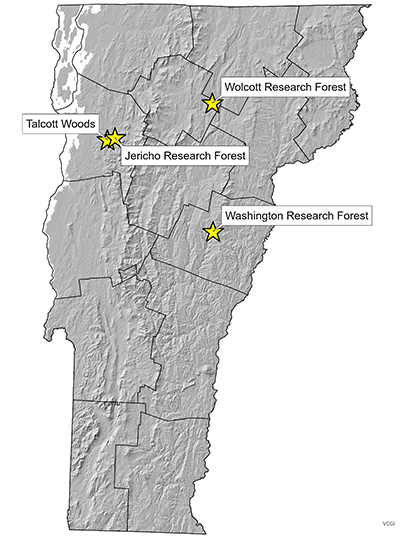 Vermont map showing UVM Forest locations