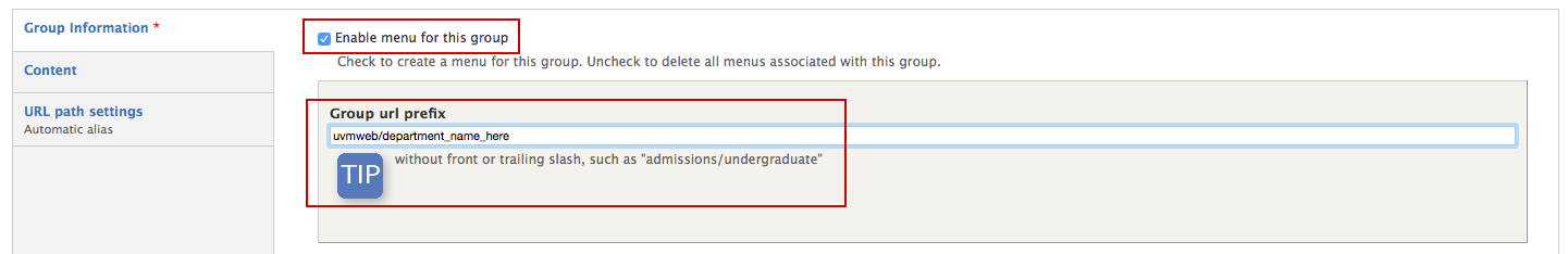 Make sure that menu is enabled for the group. The group URL prefix will begin with uvmweb as long as your site is in a pre-launch state.