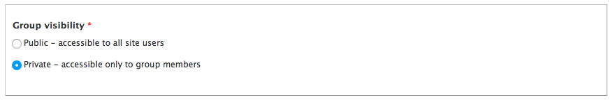 Group visibility can be set to public or private. New sites are set to private until the content becomes public to the world.