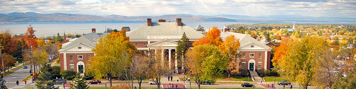 Overhead image of the Waterman building and fall trees on campus