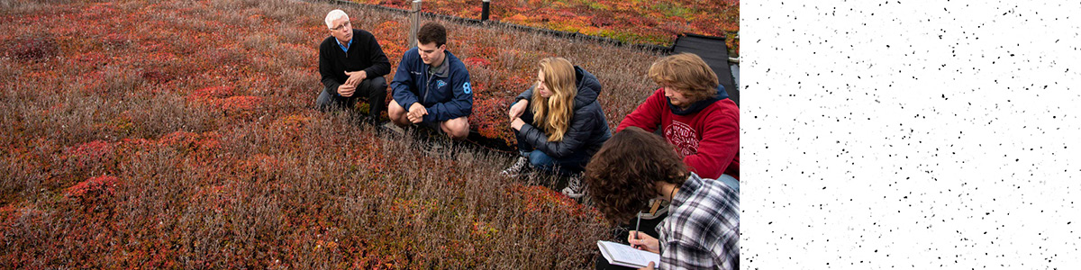 Rubenstein Faculty member talking to students on the Aiken Center green roof.