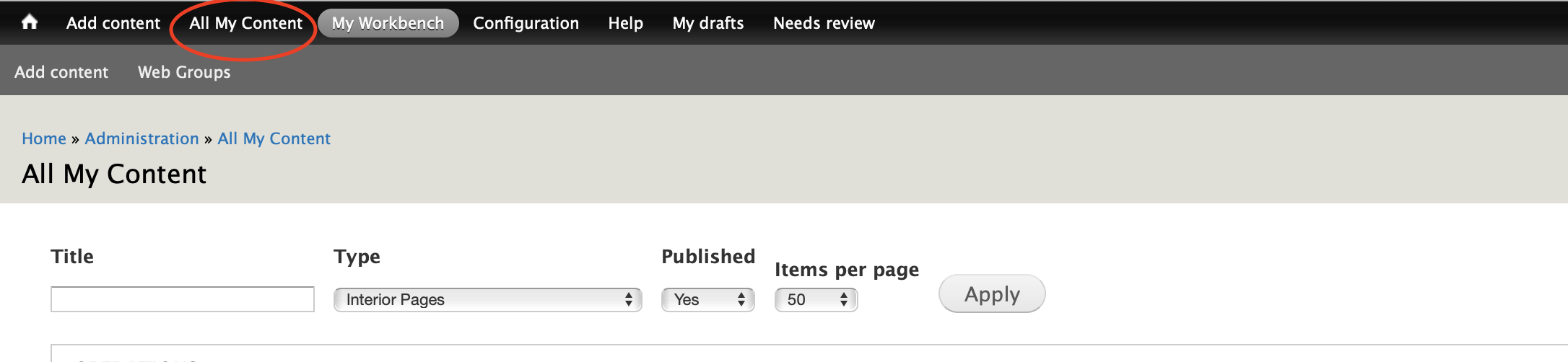 screenshot of admin tool bar in Drupal -- "All My Content" added to top bar