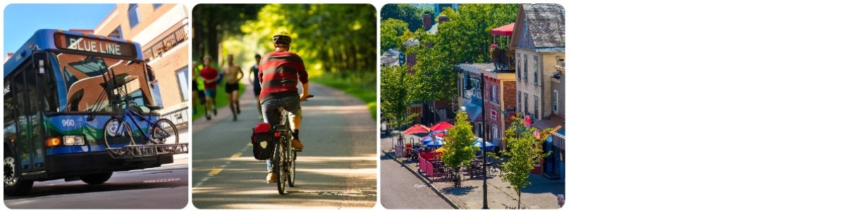 3 banner image. From left to right: the front end of a city bus with a bicycle on the front, the back of a person riding a bicycle, a small city street with buildings and trees