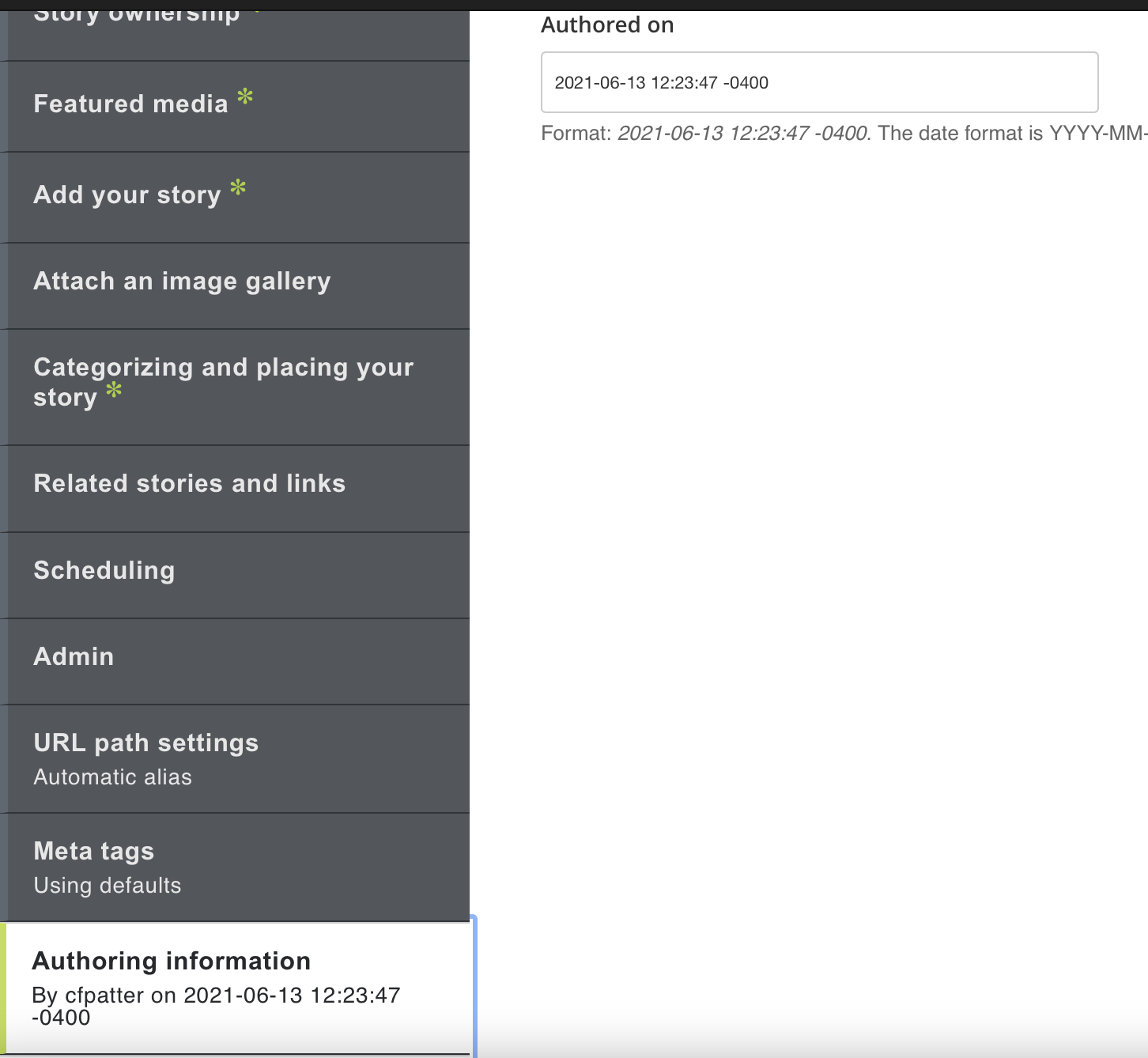 screenshot of authoring info tab
