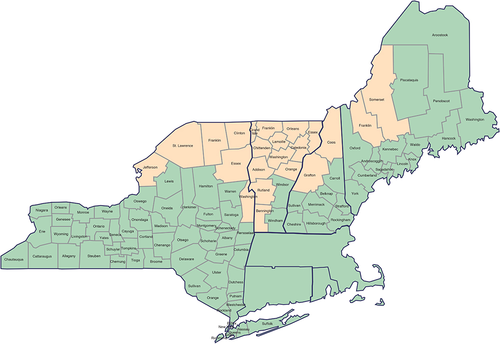 Map of New York, Vermont, New Hampshire, and Maine, showing their counties. The following counties are highlighted: Jefferson, St. Lawrence, Franklin, Clinton, Essex, and Washington counties, New York; Grand Isle, Franklin, Orleans, Essex, Chittenden, Lamoille, Caledonia, Washington, Addison, Orange, Rutland, and Bennington counties Vermont; Coos and Grafton counties New Hampshire; and Franklin and Somerset counties, Maine.
