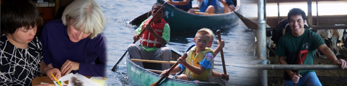 Teacher with student, children canoeing and man working on a dairy farm.