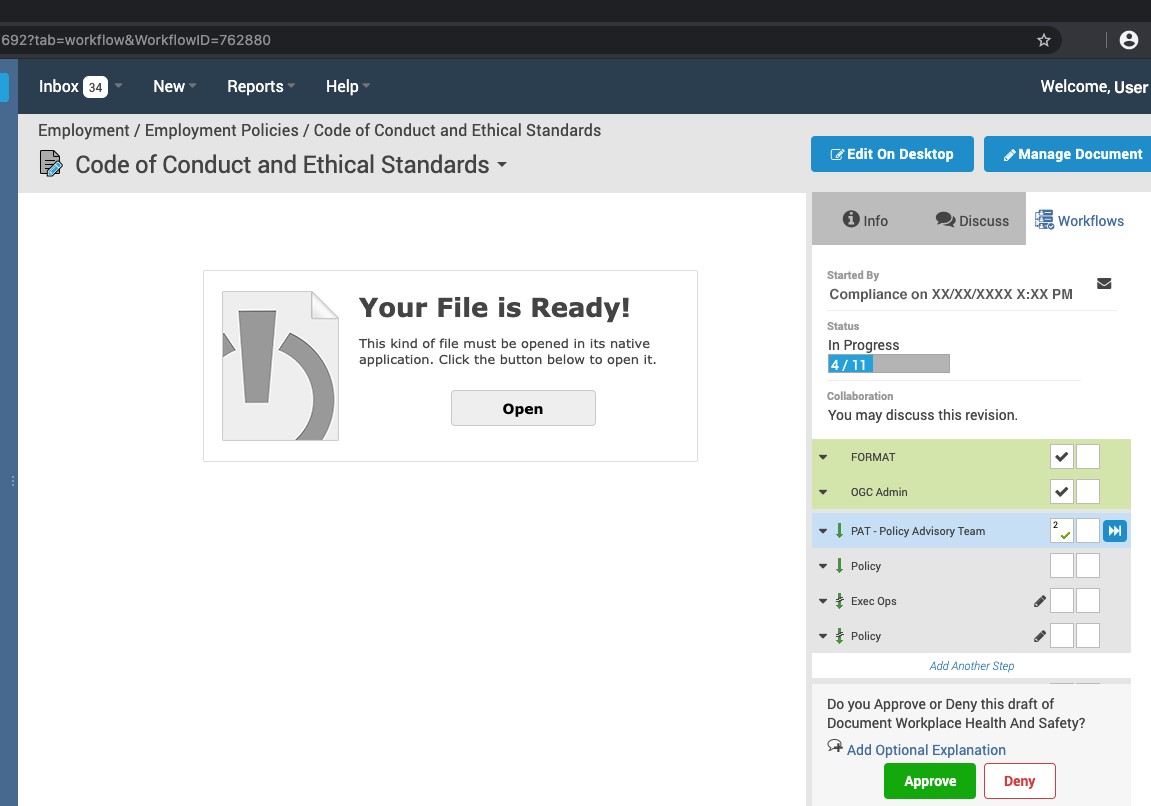 The home page for the Code of Conduce and Ethical Standards policy in PowerDMS.