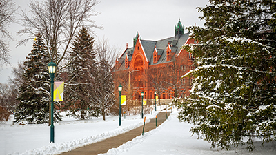 Winter Campus snow on pine trees