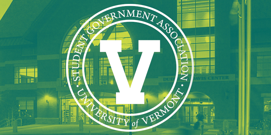 SGA logo superimposed on an image of the Davis Center
