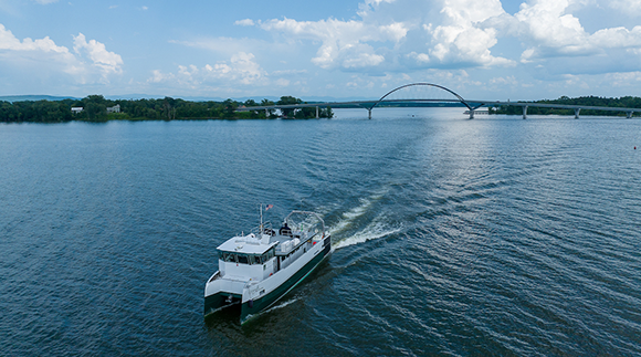 A drone view of the Marcelle research vessel on Lake Champlain