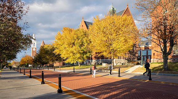A view of University Place, a street that runs through UVM's campus. 