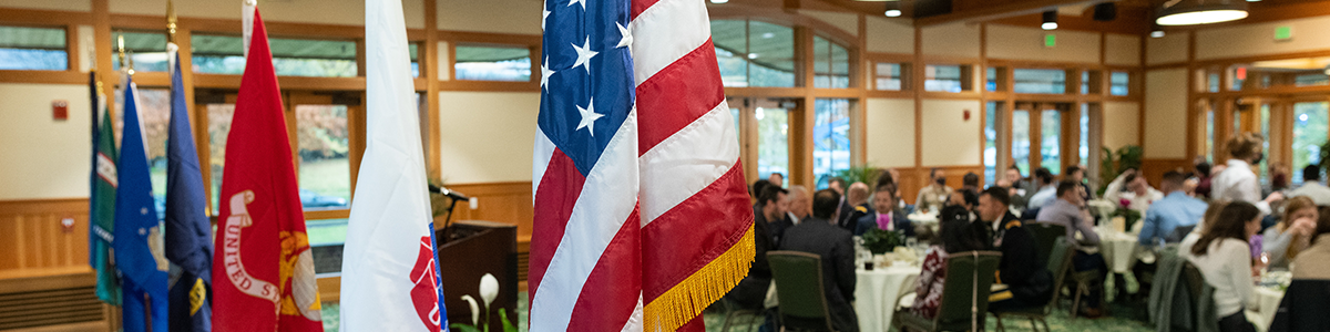The flags of the U.S. military stand together in a row
