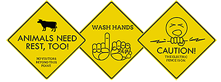 Three yellow diamond-shaped signs with animals need rest, too, wash hands, caution, the electric fence is on.