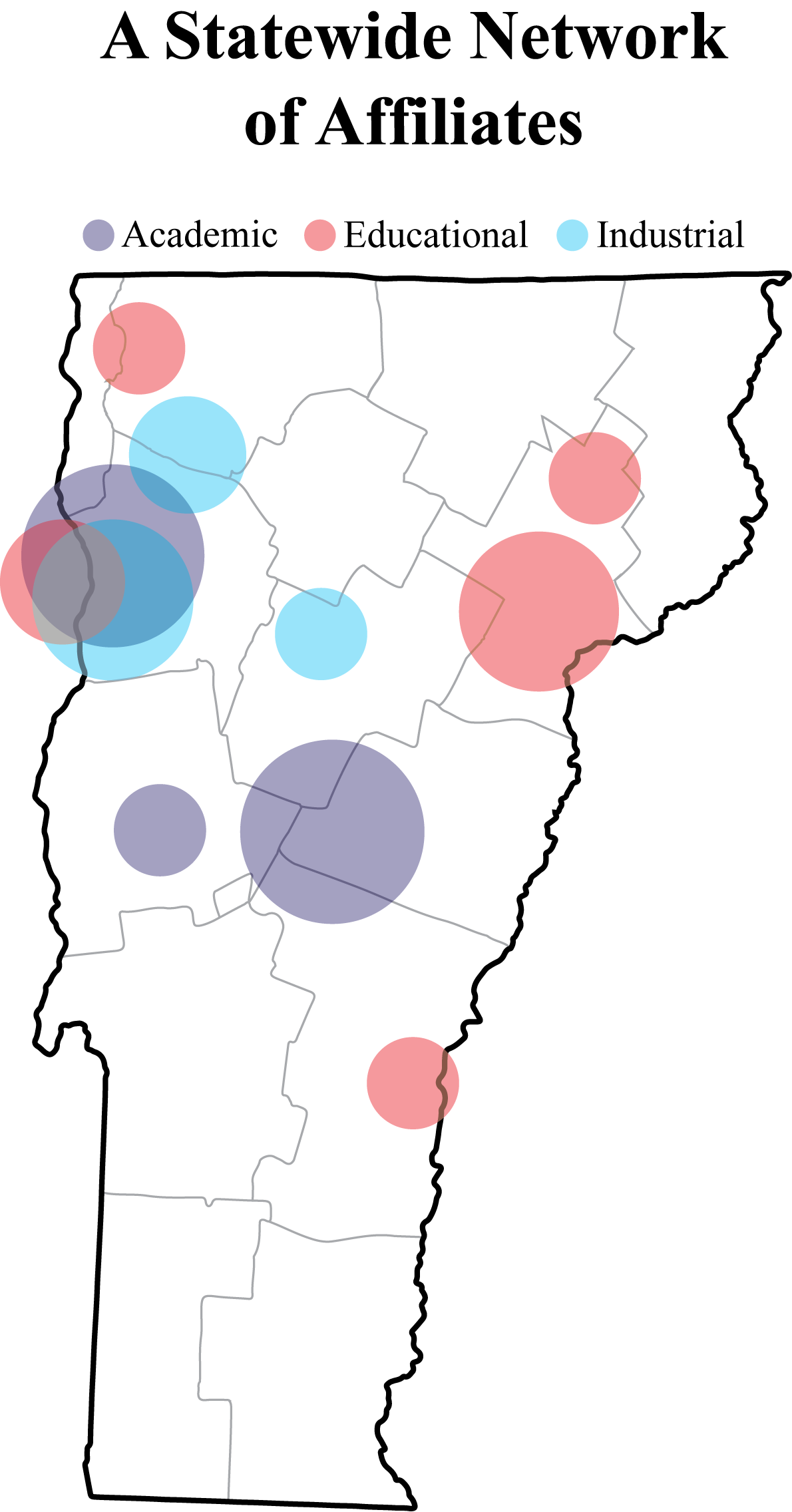 Map representing the location of each affiliate in Vermont; A statewide network of affiliates
