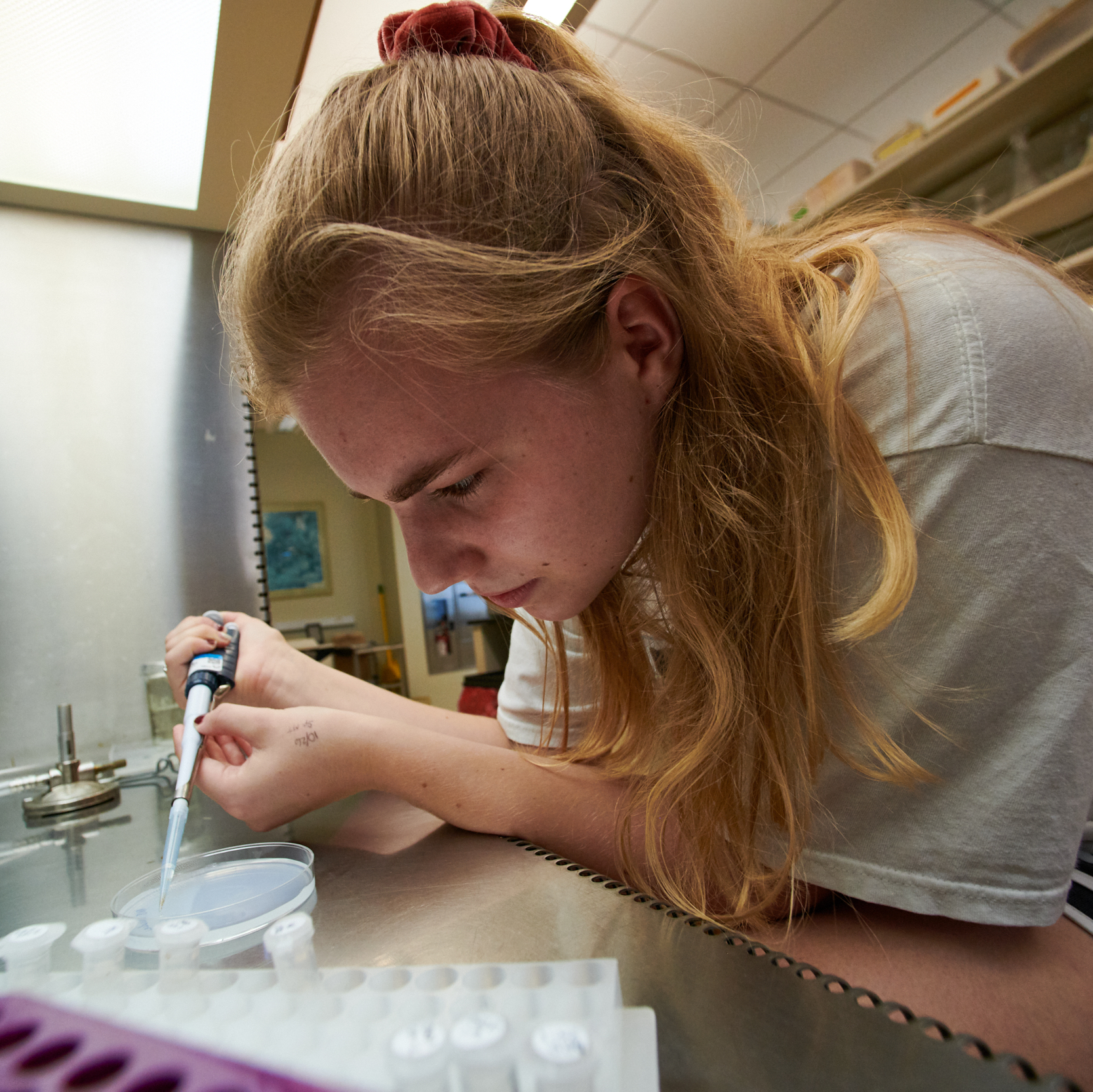 student with pipet and petri dish