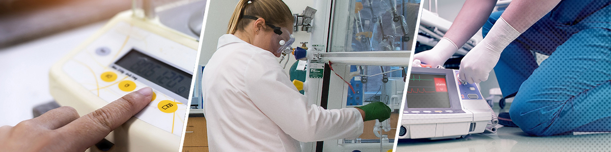 two examples of medical equipment and one lab worker
