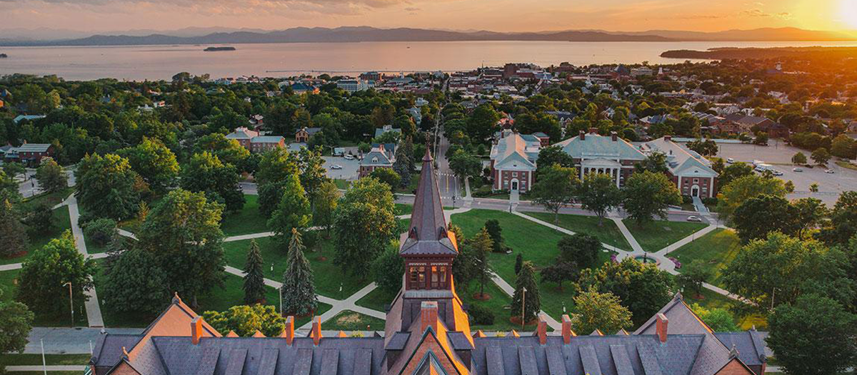 A birds-eye view of the UVM campus at sunset
