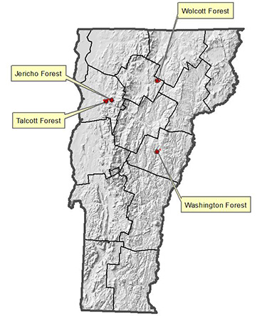 Map of Vermont showing UVM forest locations
