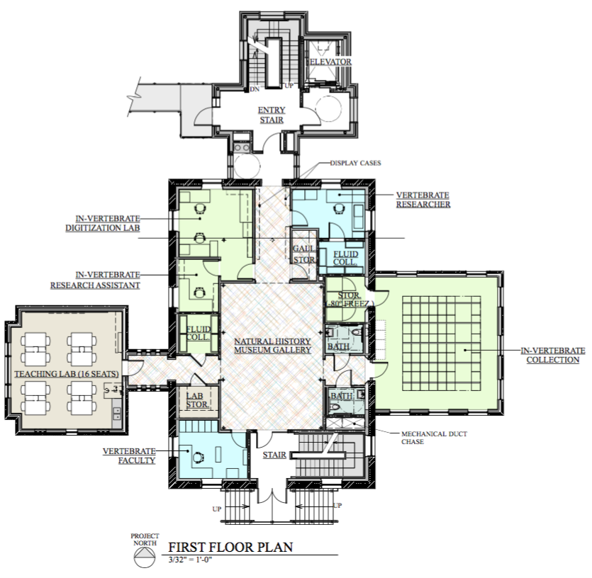 floor plan showing a central exhibit hall surrounded by offices and storage, with teaching lab in west wing and collections in east wing