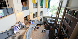 students climbing the stairs in the davis center atrium