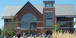 the Davis Center Exterior from the third floor entrance on a sunny summer day