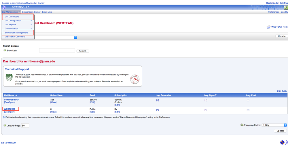 listserv screen showing "list dashboard" link, "subscription management link" and listserv link to web team