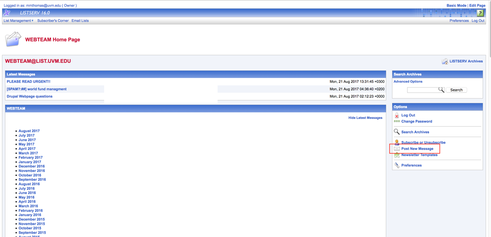 next step in posting to listserv -- image of highlighted "post new message" link in lower right of screen